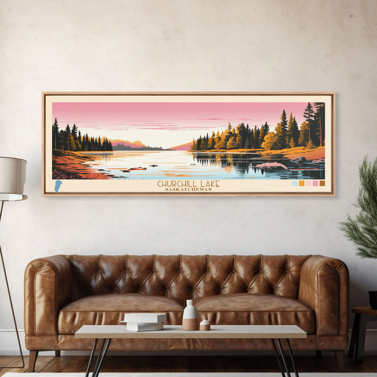 Churchill Lake Saskatchewan Framed Canvas Print, Midcentury Modern Panoramic Wall Art, Living Room Decor, Pop Art, Travel Poster Art, Scenic Nature Painting, Lake House Decor