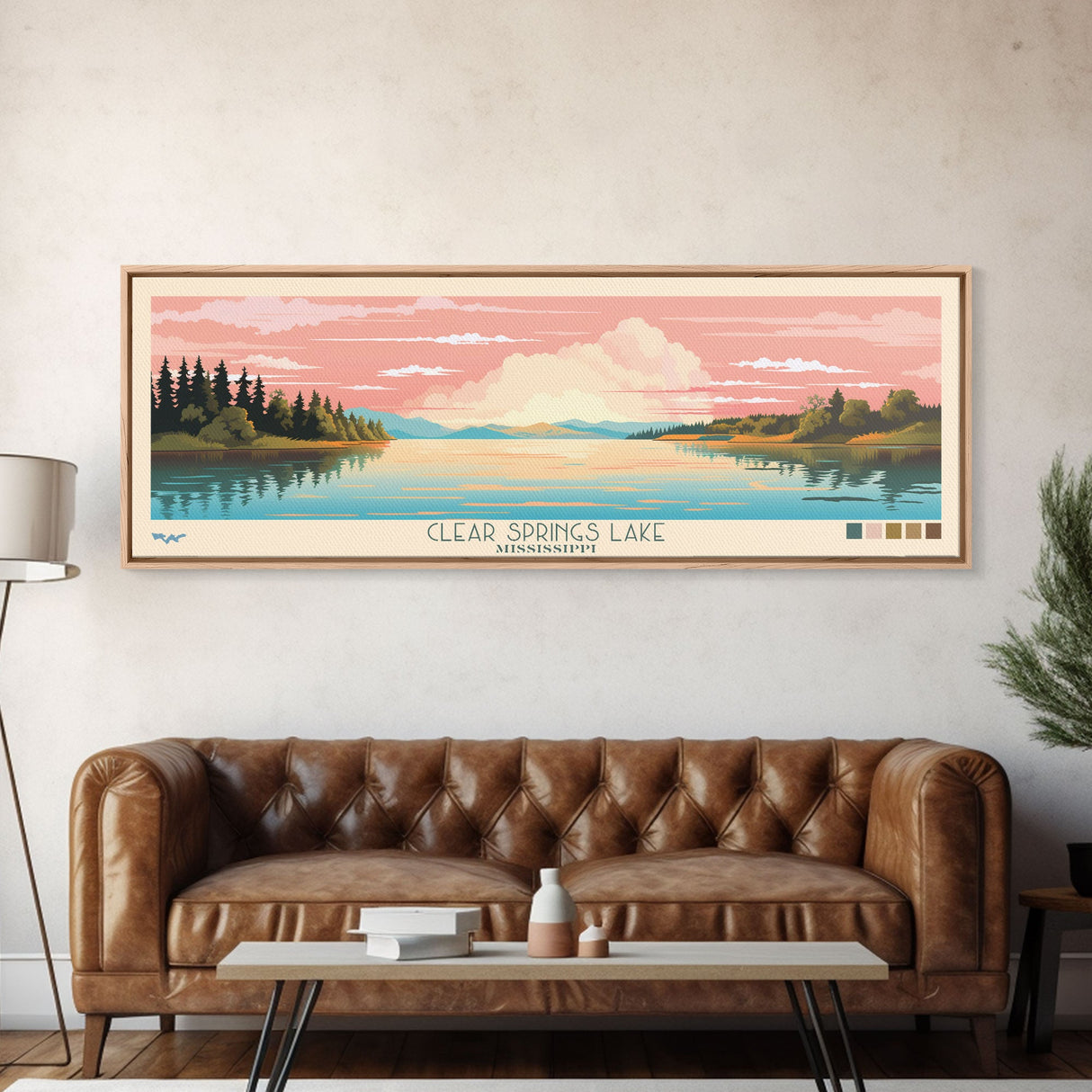 Clear Springs Lake Mississippi Framed Canvas Print, Pop Art Panoramic Travel Poster, Midcentury Modern, Wall Art, Scenic Nature Painting, Bedroom Decor, Living Room Art