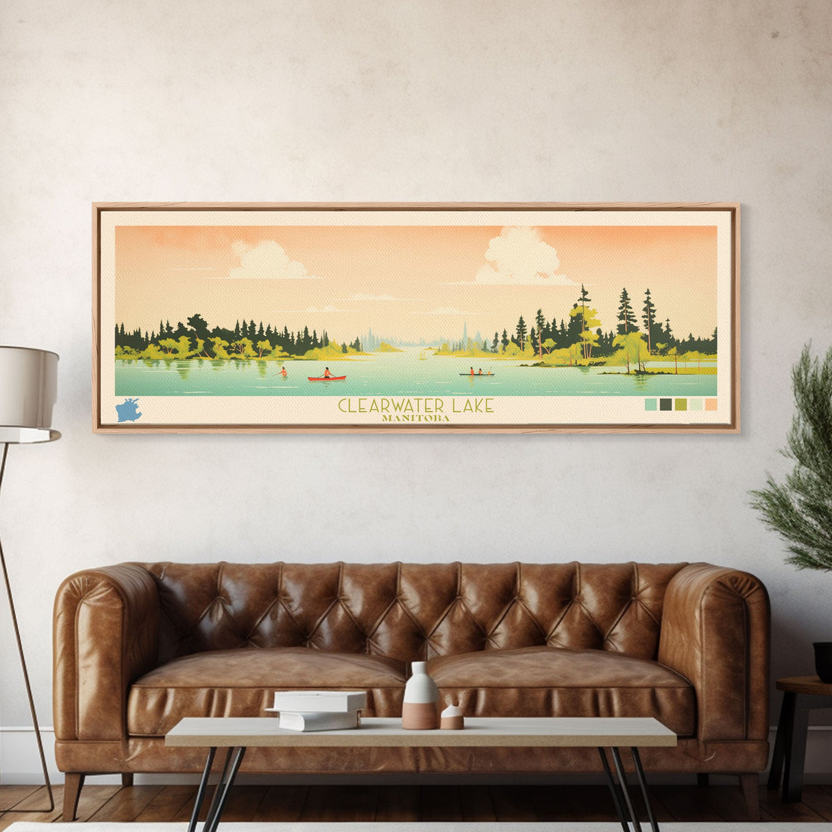 Clearwater Lake Manitoba Framed Canvas Print, Midcentury Modern Panoramic Wall Art, Living Room Decor, Pop Art, Travel Poster Art, Scenic Nature Painting, Lake House Decor