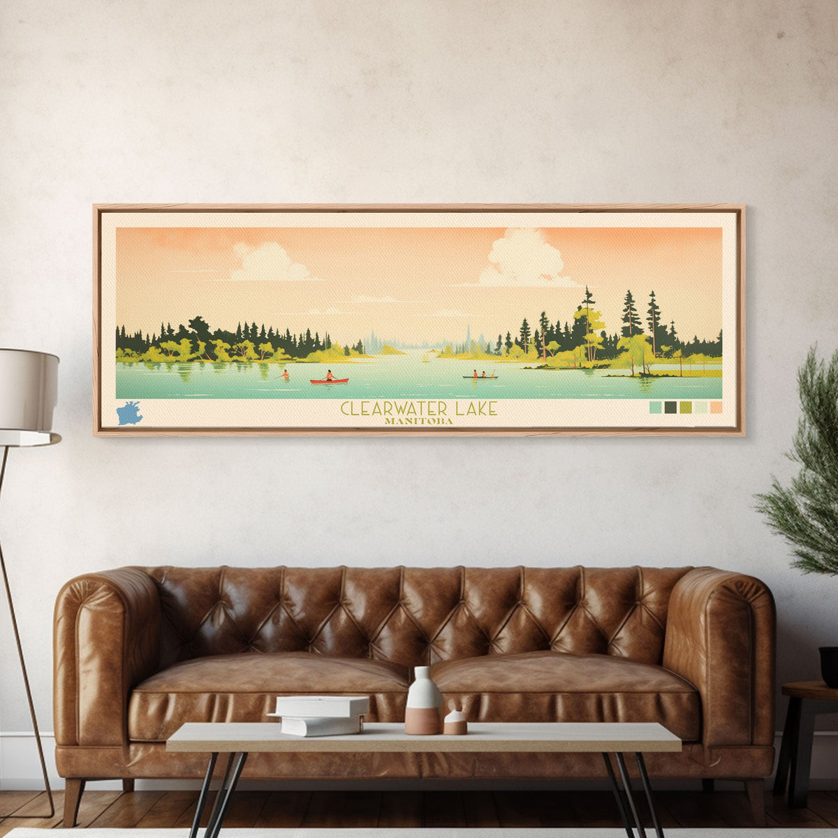 Clearwater Lake Manitoba Framed Canvas Print, Midcentury Modern Panoramic Wall Art, Living Room Decor, Pop Art, Travel Poster Art, Scenic Nature Painting, Lake House Decor