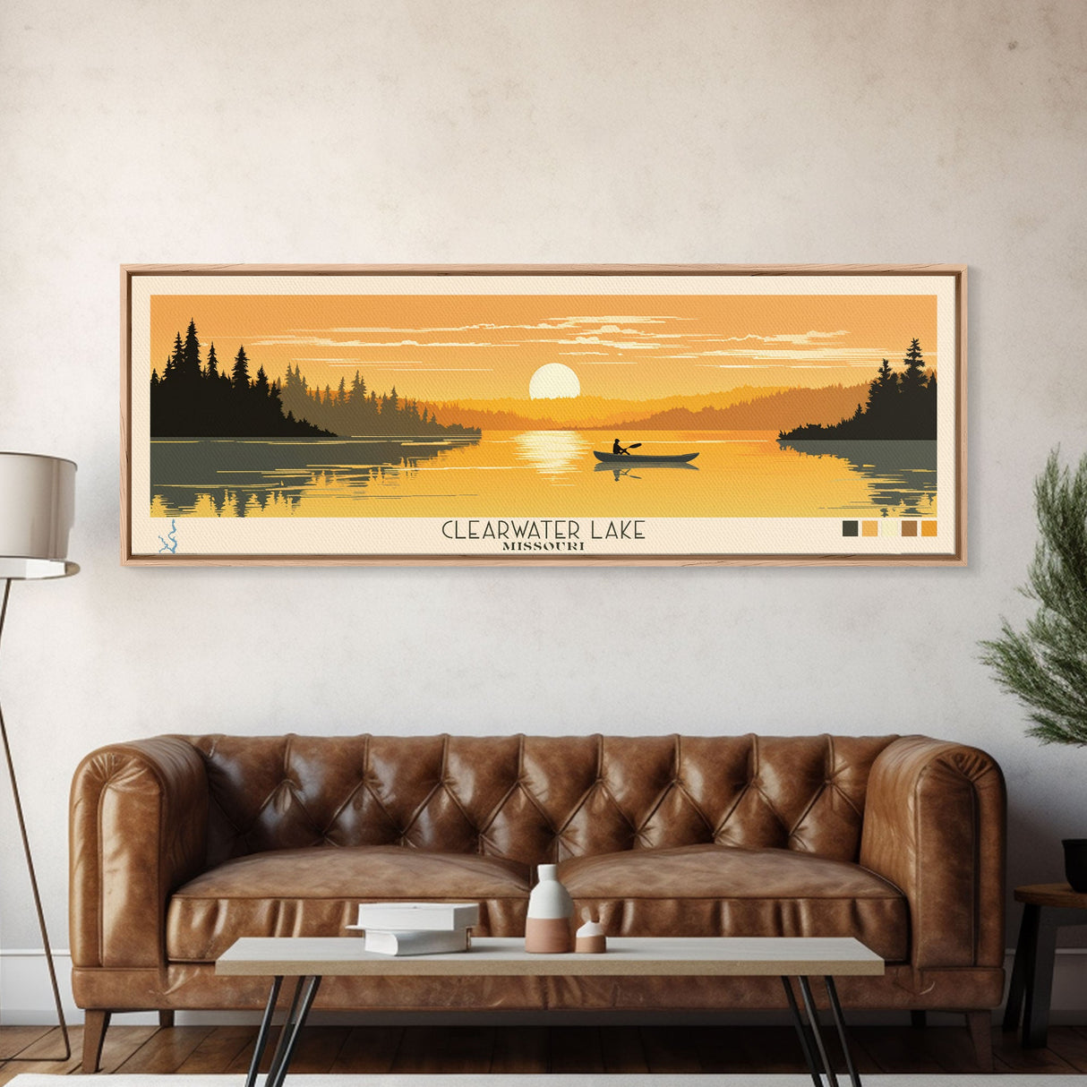 Clearwater Lake Missouri Framed Canvas Print, Pop Art Panoramic Travel Poster, Midcentury Modern, Wall Art, Scenic Nature Painting, Bedroom Decor, Living Room Art