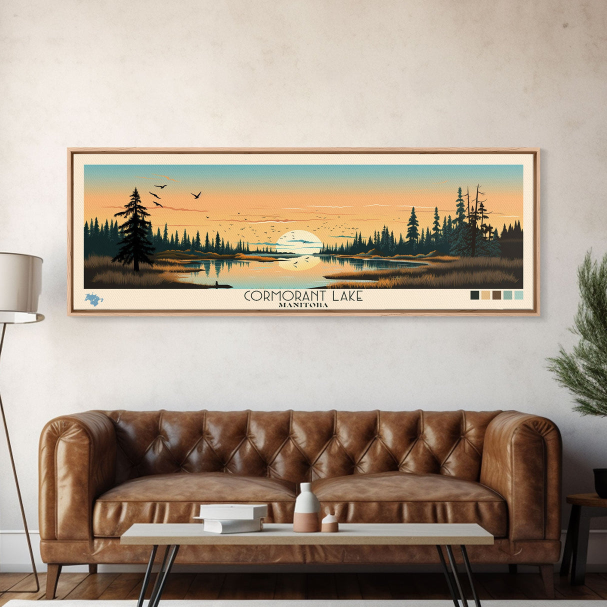 Cormorant Lake Manitoba Framed Canvas Print, Pop Art Panoramic Travel Poster, Midcentury Modern, Wall Art, Scenic Nature Painting, Bedroom Decor, Living Room Art