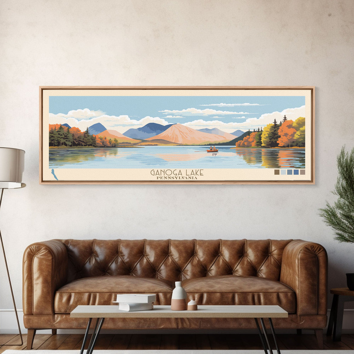 Ganoga Lake Pennsylvania Framed Canvas Print, Panoramic Art, Midcentury Modern, Pop Art, Living Room Wall Art, Travel Poster, Nature Painting, Home Decor