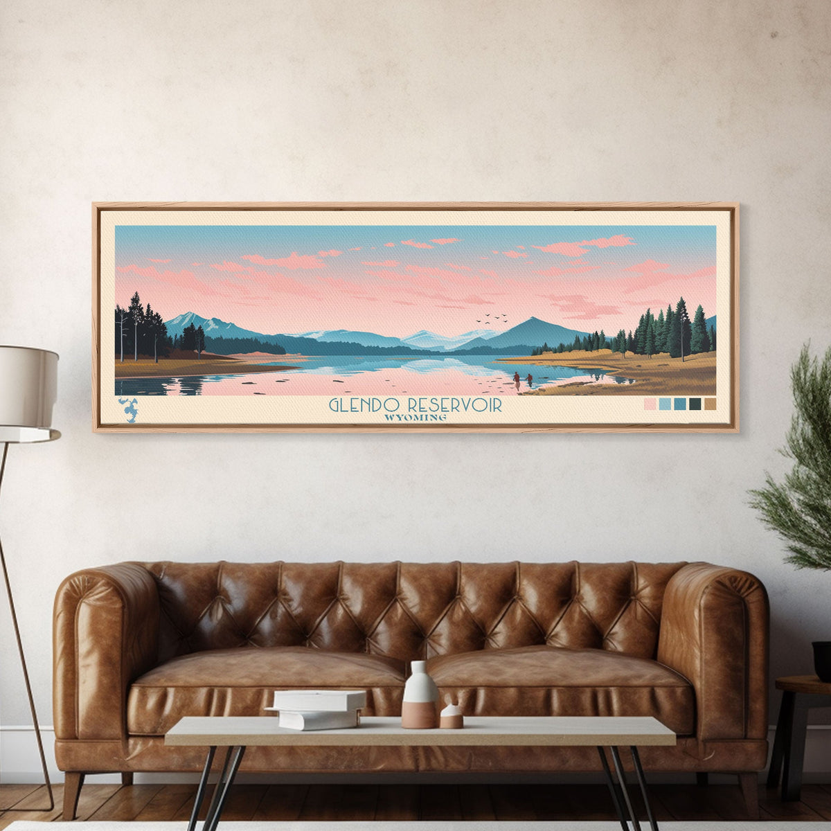 Glendo Reservoir Wyoming Framed Canvas Print, Panoramic Art, Midcentury Modern, Pop Art, Bedroom Decor, Travel Poster, Nature Painting, Home Decor