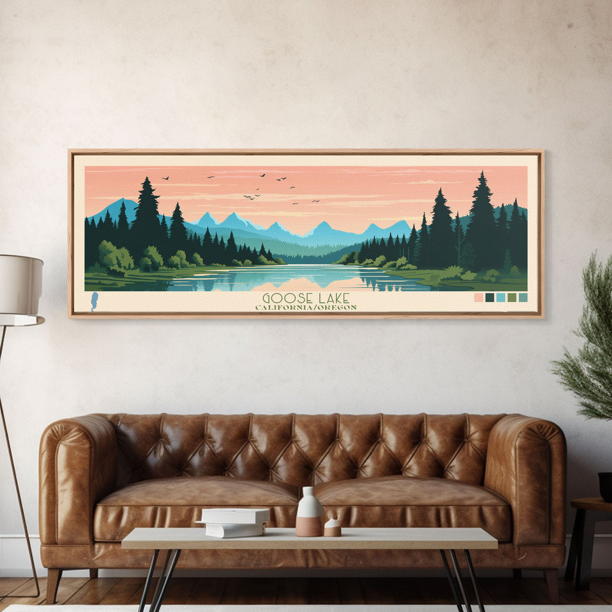 Goose Lake California Oregon Framed Canvas Print, Panoramic Wall Art, Midcentury Modern, Pop Art, Living Room Decor, Travel Poster, Lake View, Nature Art