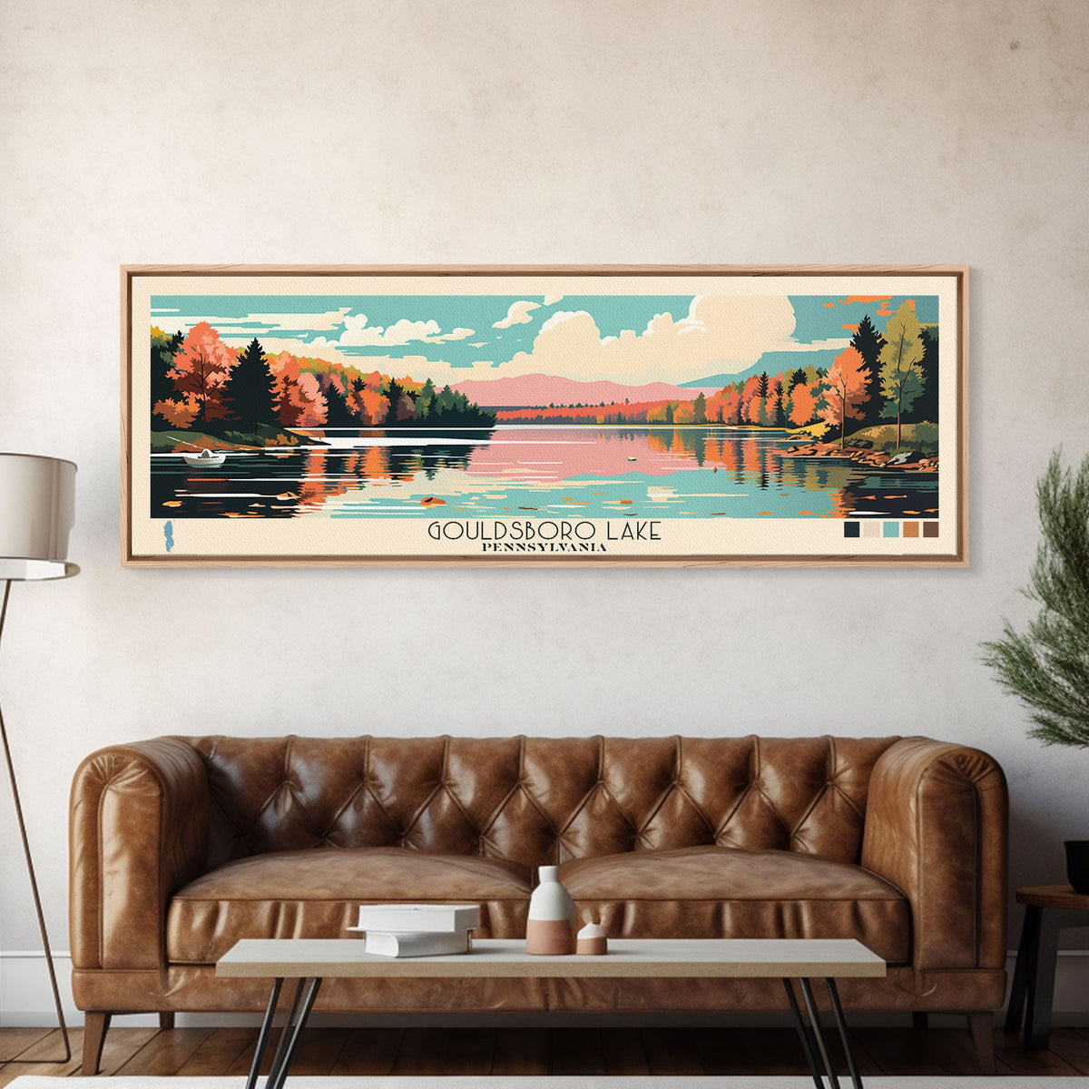 Gouldsboro Lake Pennsylvania Framed Canvas Print, Panoramic Wall Art, Midcentury Modern, Pop Art, Living Room Wall Art, Travel Poster, Nature Painting, Home Decor
