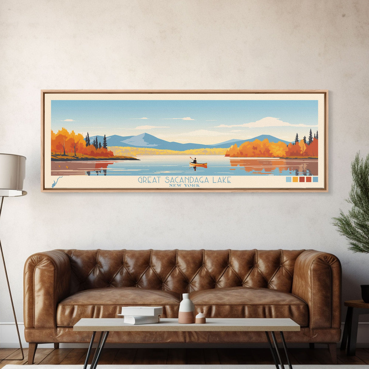 Great Sacandaga Lake New York Framed Canvas Print, Panoramic Art, Midcentury Modern, Pop Art, Bedroom Decor, Travel Poster, Lake House Art, Home Decor