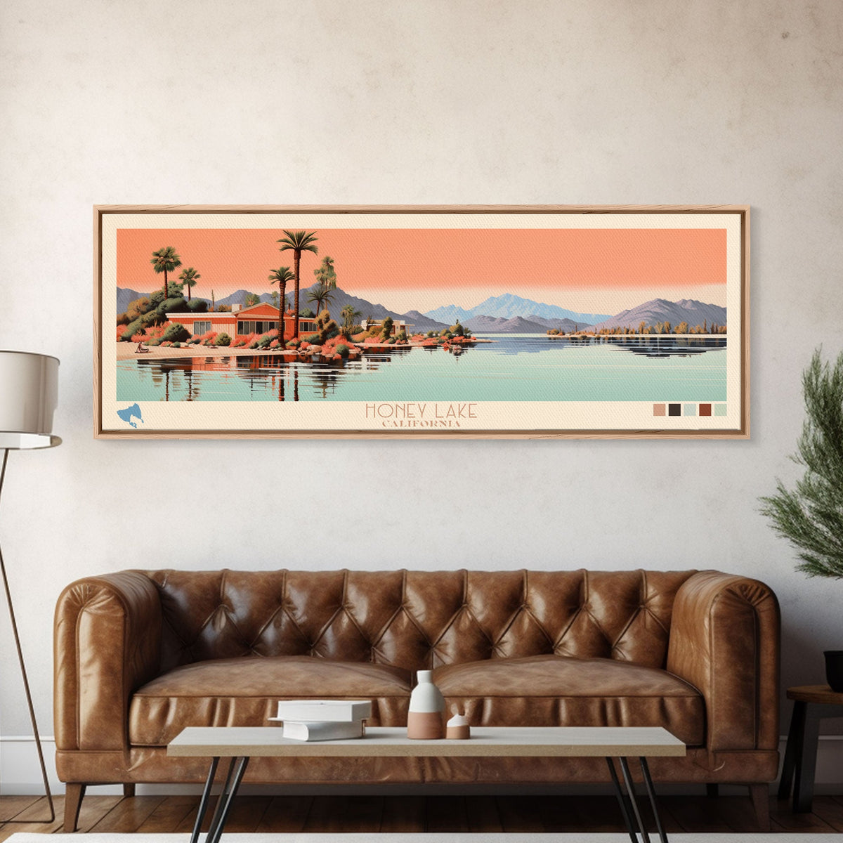 Honey Lake California Framed Canvas Print, Panoramic Art, Midcentury Modern, Pop Art, Living Room Wall Art, Travel Poster, Nature Decor