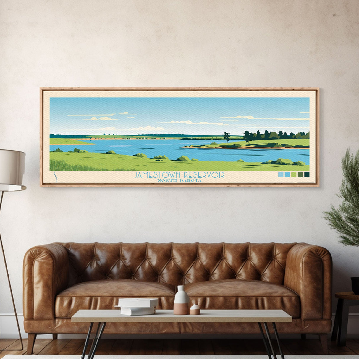 Jamestown Reservoir North Dakota Framed Canvas Print, Panoramic Art, Midcentury Modern, Pop Art, Living Room Decor, Travel Poster, Artistic Home Decor