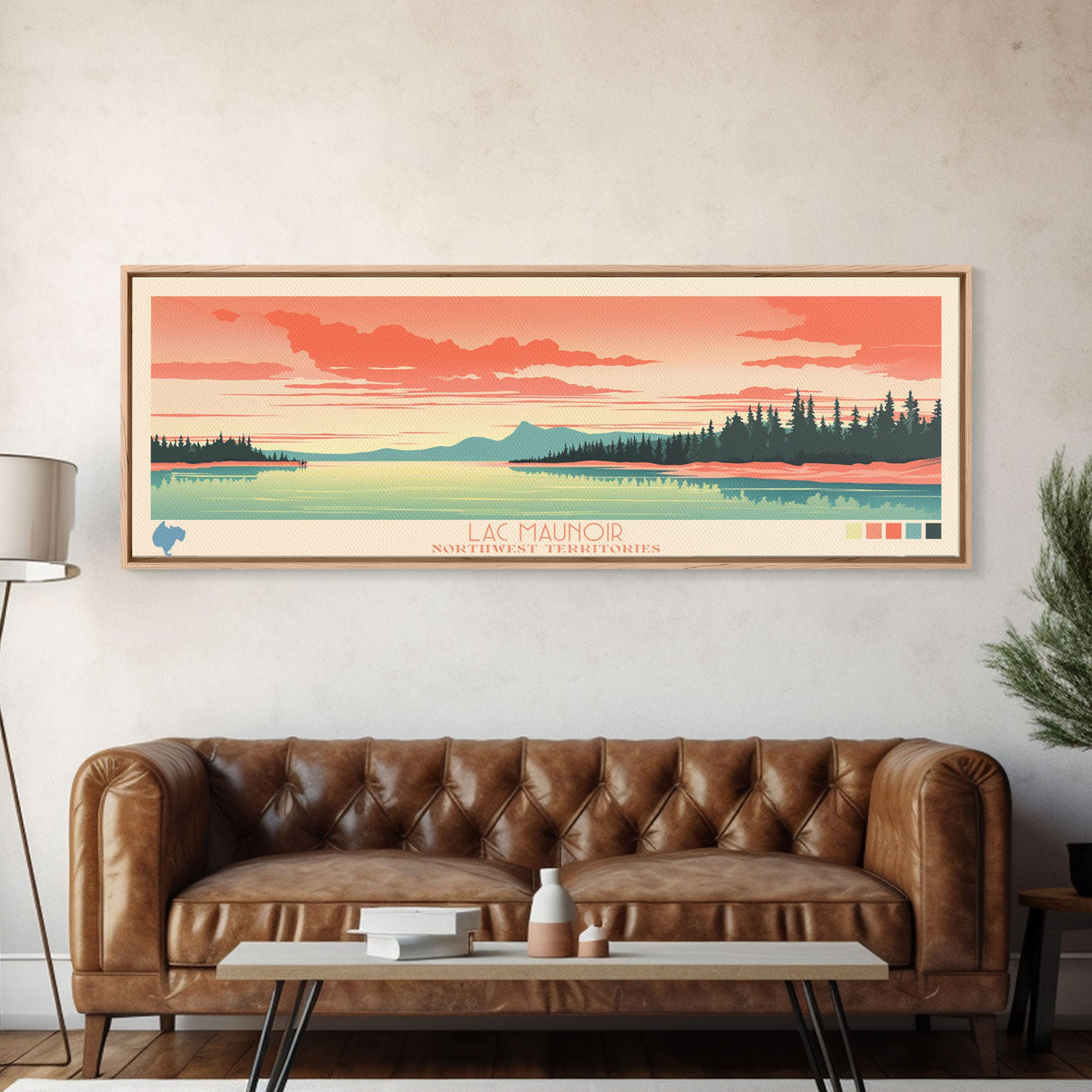 Lac Maunoir Northwest Territories Framed Canvas Print, Panoramic Art, Midcentury Modern, Pop Art, Living Room Wall Art, Travel Poster, Lake House Decor