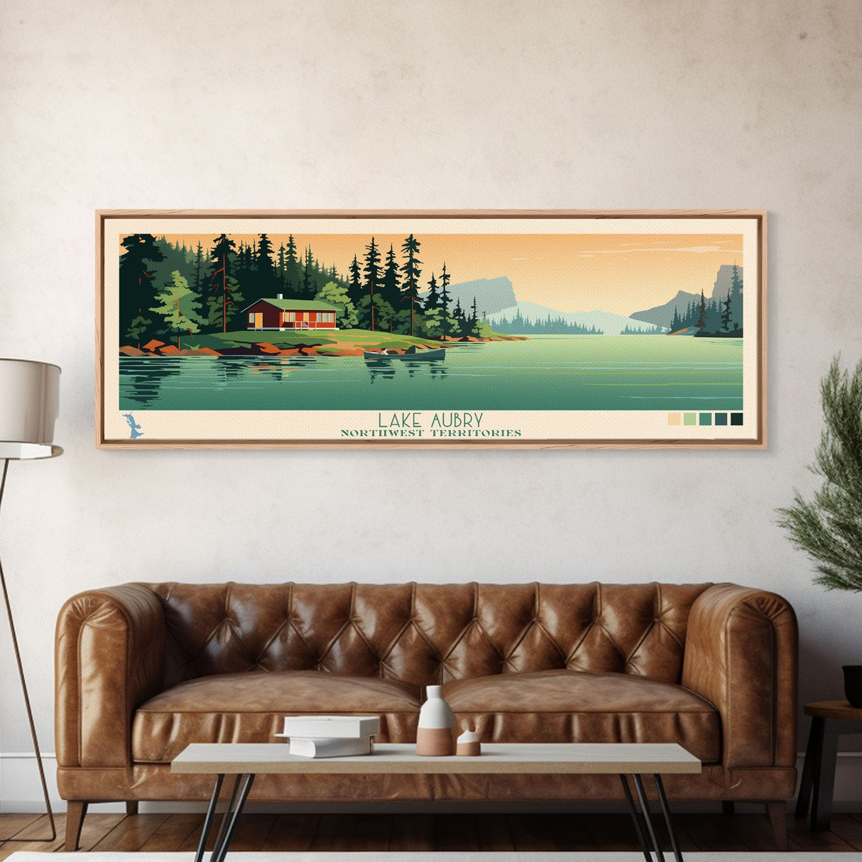 Lake Aubry Northwest Territories Framed Canvas Print, Panoramic Art, Midcentury Modern, Pop Art, Living Room Wall Art, Travel Poster, Lake House Decor