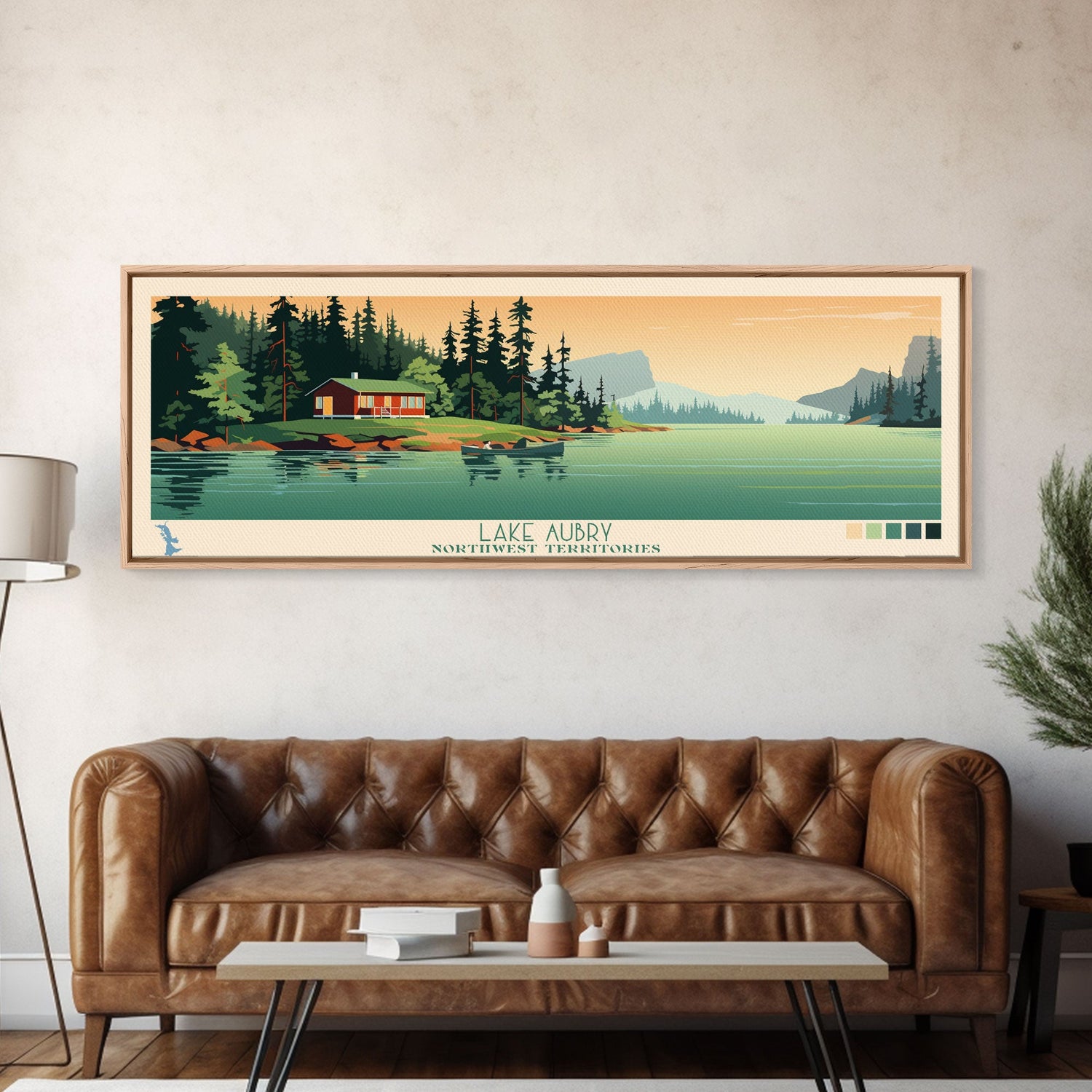 Lake Aubry Northwest Territories Framed Canvas Print, Panoramic Art, Midcentury Modern, Pop Art, Living Room Wall Art, Travel Poster, Lake House Decor