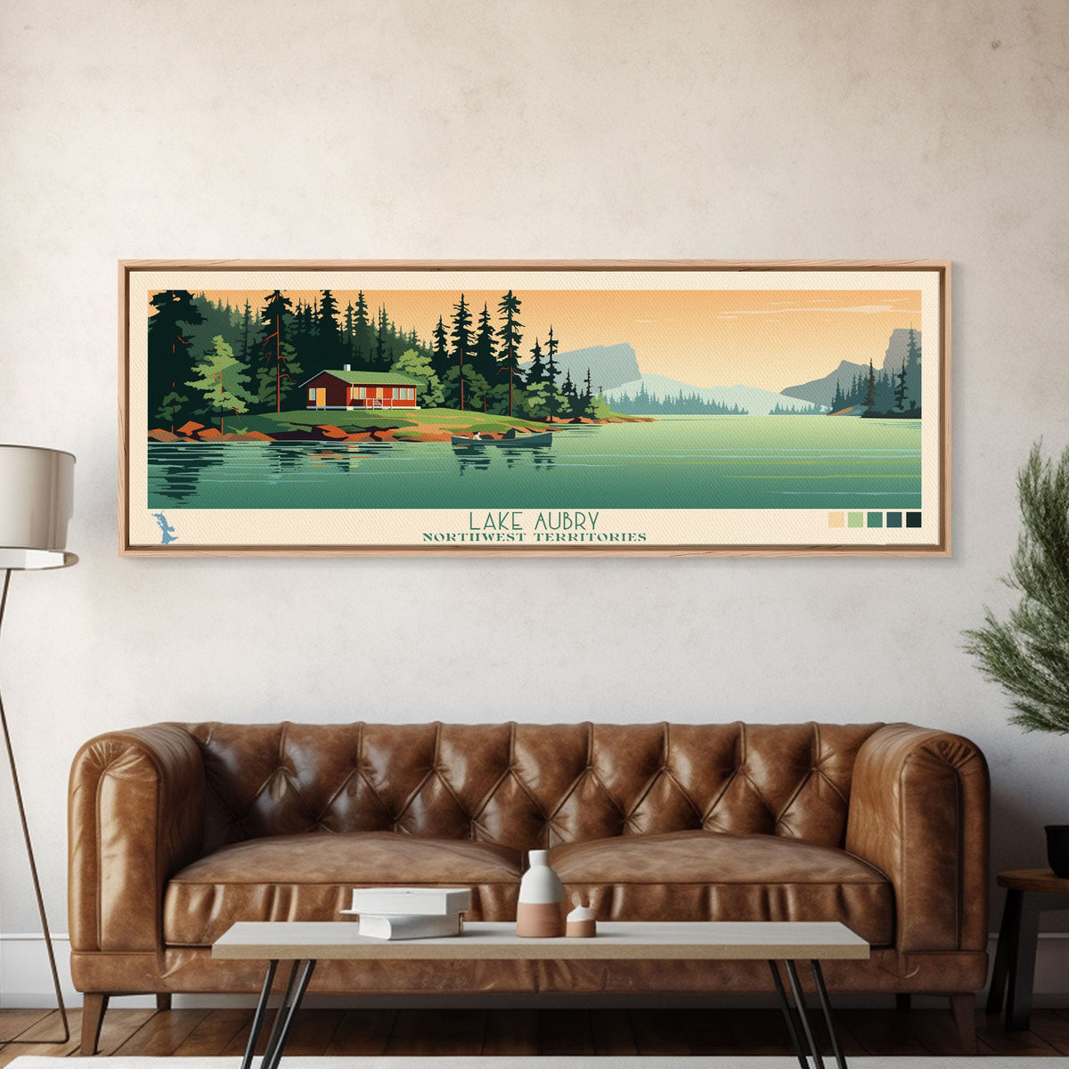 Lake Aubry Northwest Territories Framed Canvas Print, Panoramic Art, Midcentury Modern, Pop Art, Living Room Wall Art, Travel Poster, Lake House Decor