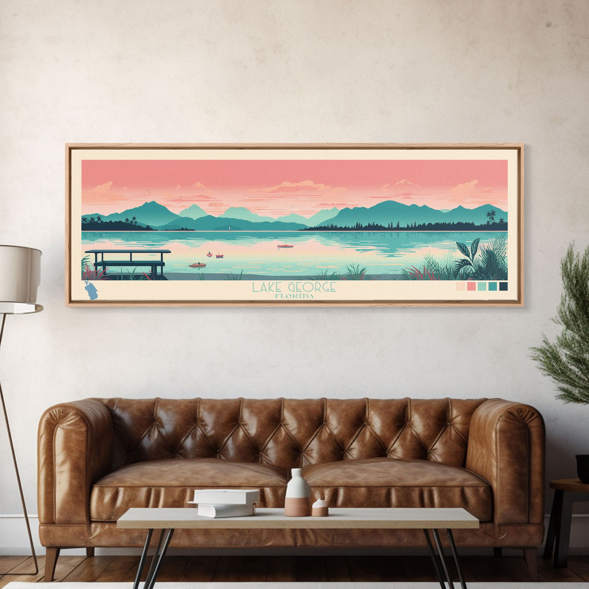 Lake George Florida Framed Canvas Print, Panoramic Wall Art, Midcentury Modern, Pop Art, Bedroom Decor, Travel Poster, Living Room Art
