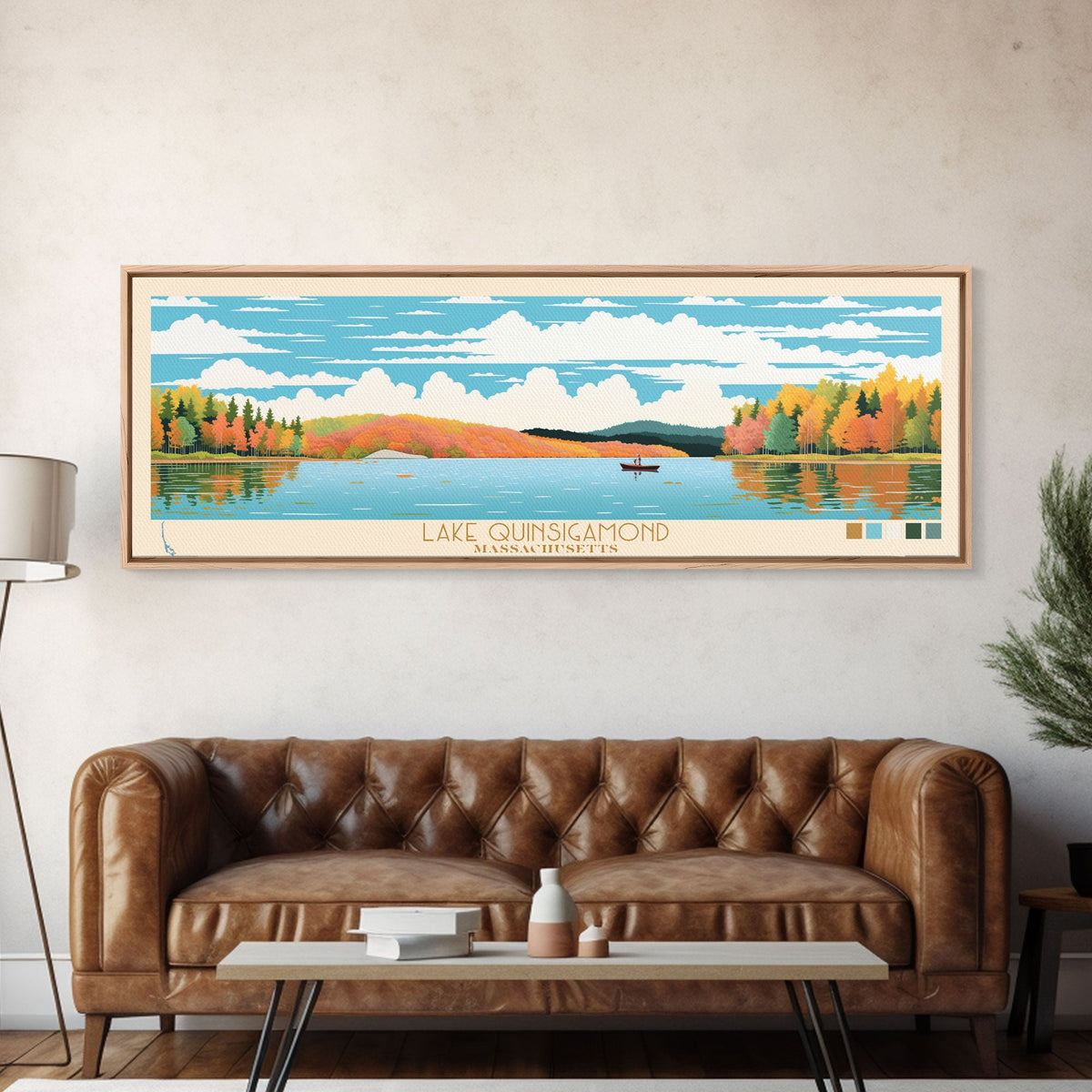 Lake Quinsigamond Massachusetts Framed Canvas Print, Panoramic Wall Art, Midcentury Modern, Pop Art, Bedroom Art, Travel Poster, Lake House Decor