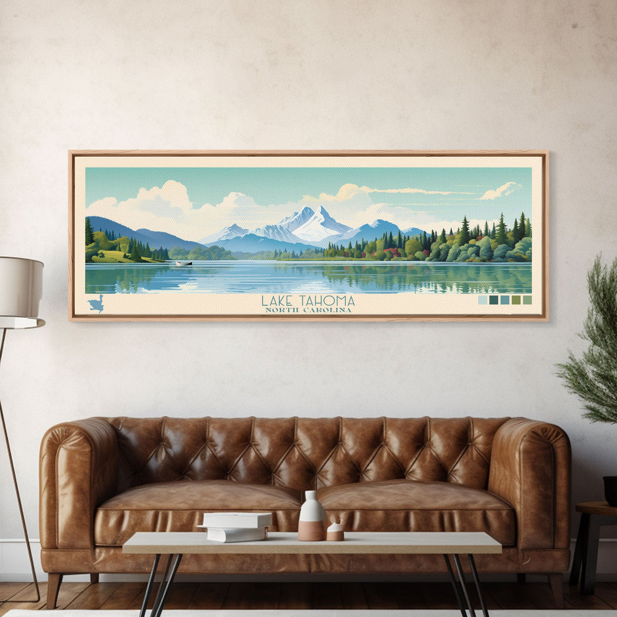 Lake Tahoma North Carolina Framed Canvas Print, Panoramic Wall Art, Midcentury Modern, Pop Art, Living Room Decor, Travel Poster, Lake House Art