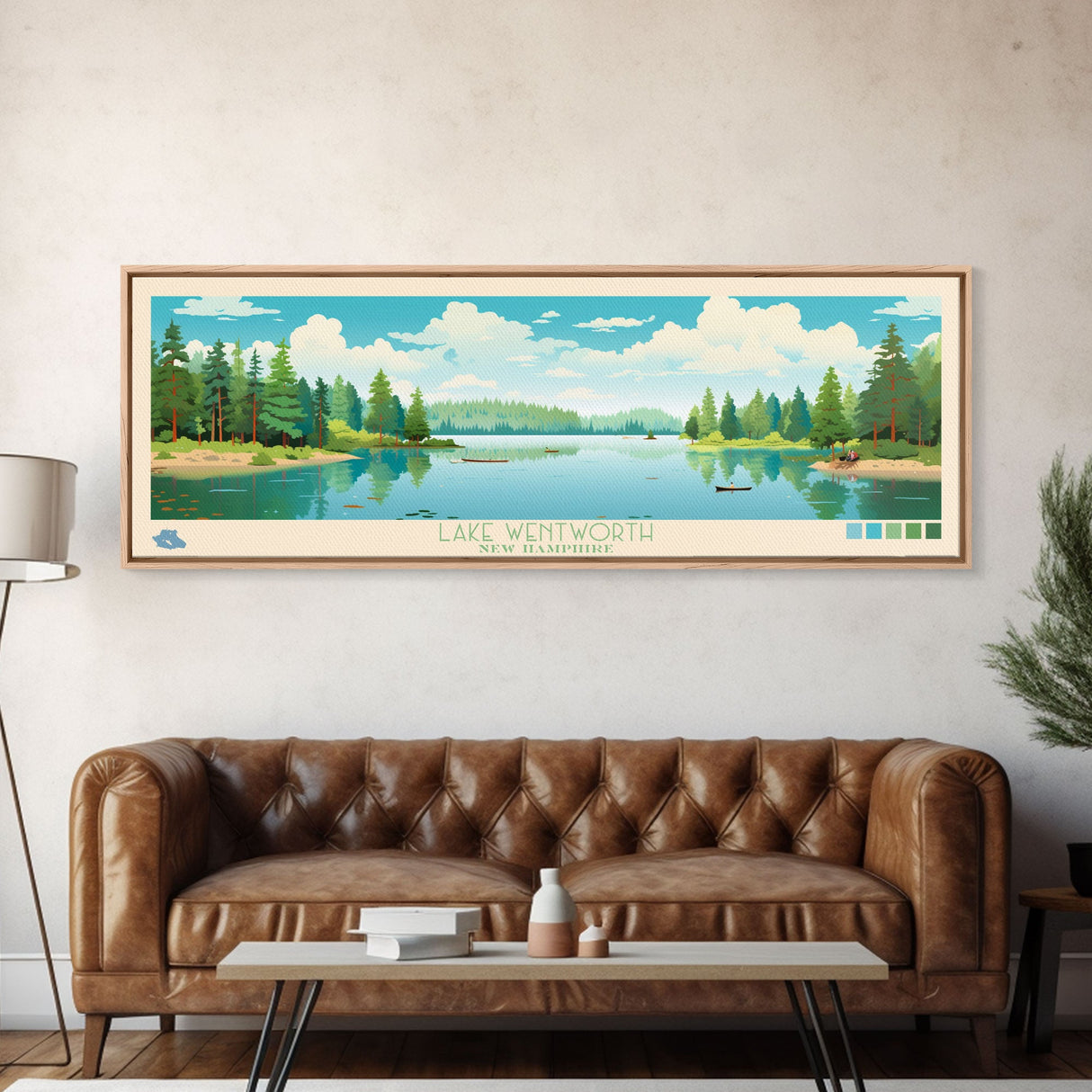 Lake Wentworth, New Hampshire Panoramic Wall Art Framed Canvas Print, Midcentury Modern, Pop Art, Home Decor, Travel Poster, Living Room Art