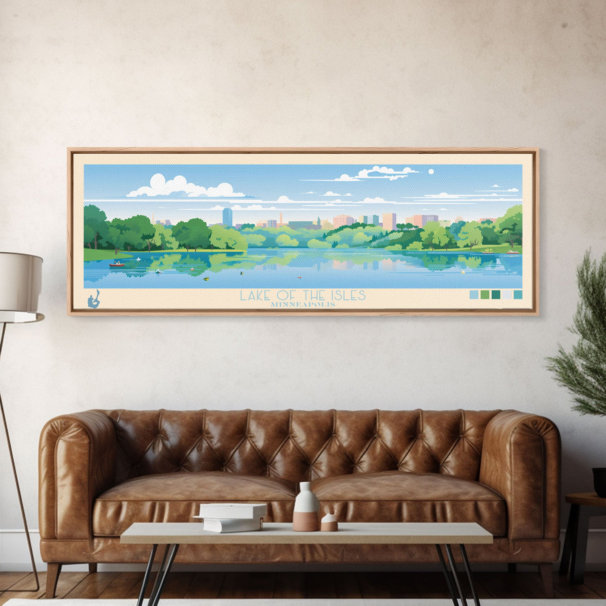 Lake of the Isles Minneapolis Framed Canvas Print, Panoramic Wall Art, Midcentury Modern, Pop Art, Living Room Decor, Travel Poster, Lake House Art