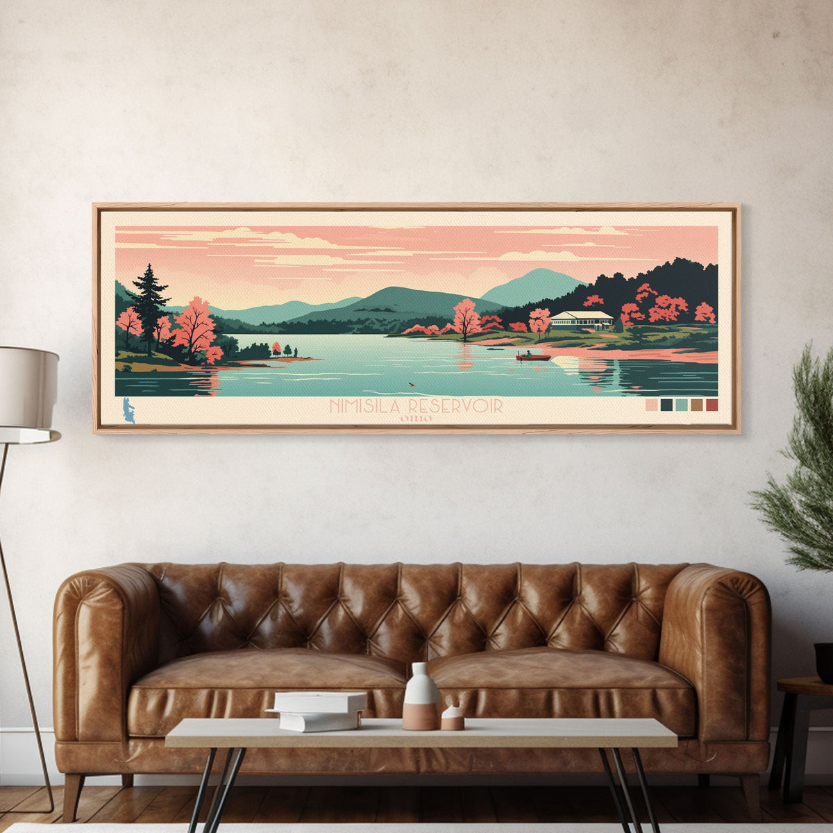 Nimisila Reservoir, Ohio Framed Canvas Print, Panoramic Wall Art, Midcentury Modern, Pop Art, Home Decor, Travel Poster, Living Room Art