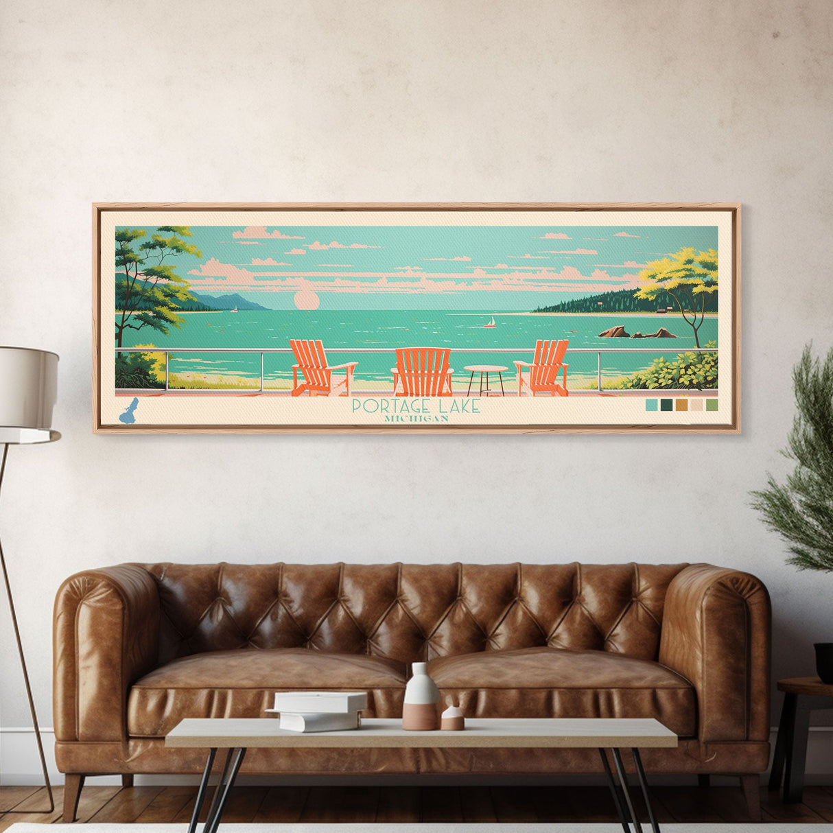 Portage Lake, Michigan Framed Canvas Print, Bedroom Art, Midcentury Modern, Pop Art, Panoramic Wall Art, Travel Poster