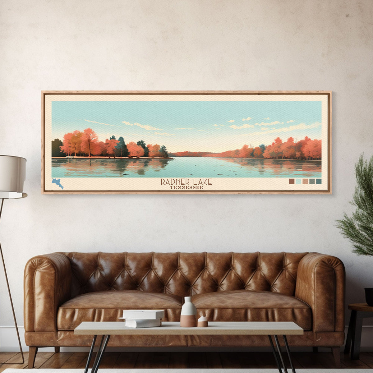 Radner Lake, Tennessee Framed Canvas Print, Living Room Art, Midcentury Modern, Panoramic Travel Poster, Pop Art, Wall Art