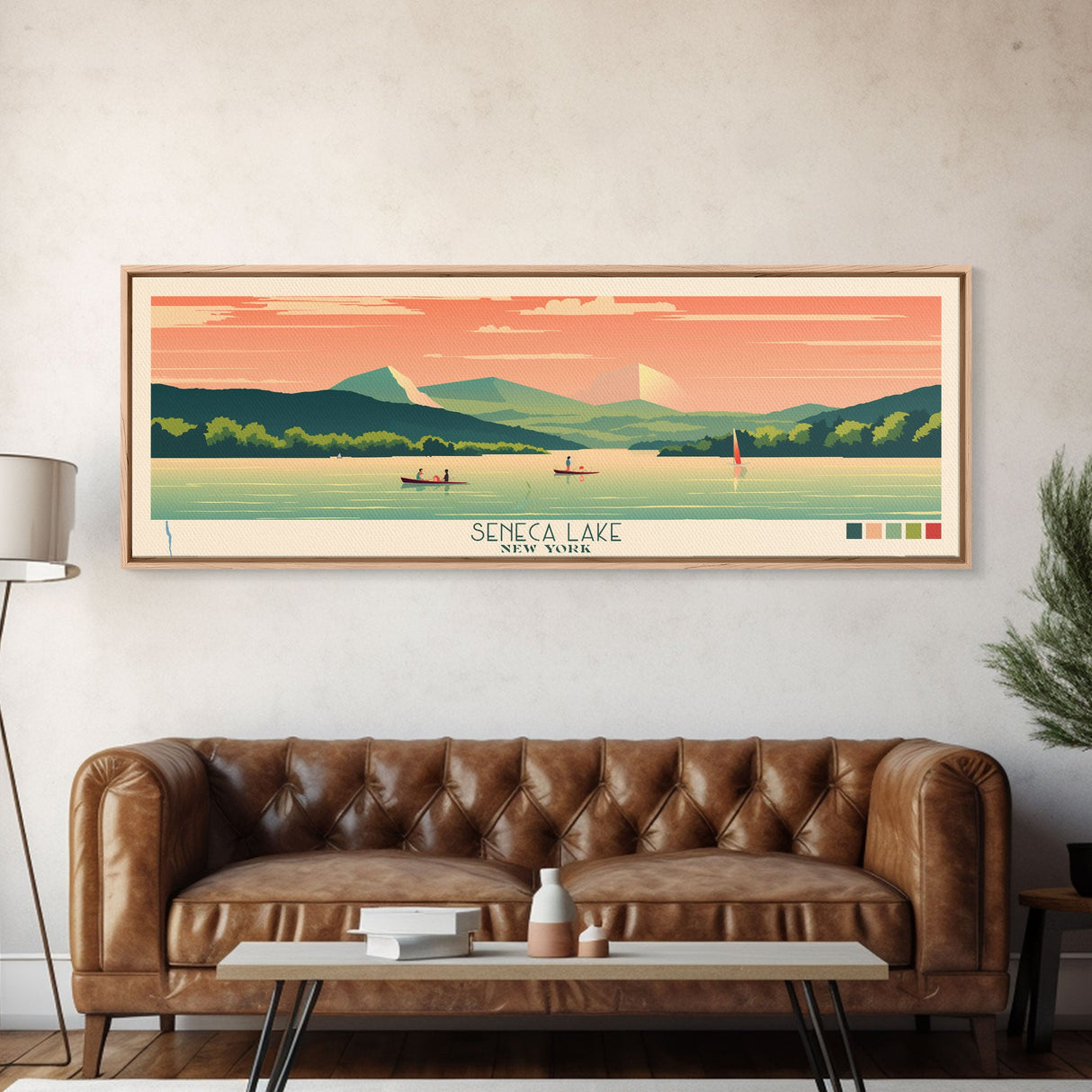Seneca Lake, New York Framed Canvas Print, Panoramic Wall Art, Midcentury Modern Decor, Pop Art, Bedroom Decoration, Travel Poster