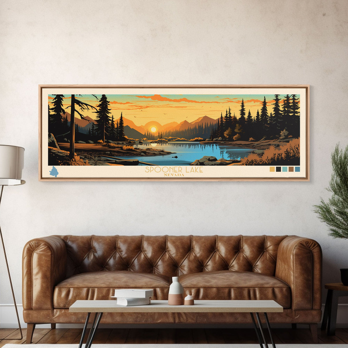 Spooner Lake, Nevada Framed Canvas Print, Lake House Decor, Midcentury Modern Art, Pop Art, Travel Poster, Bedroom Wall Art
