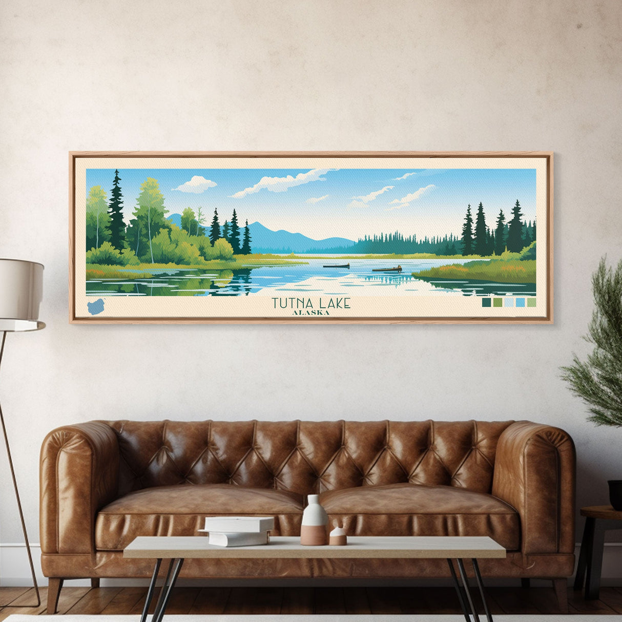Tutna Lake, Alaska Framed Canvas Print, Lake House Art, Midcentury Modern Decor, Pop Art, Travel Poster, Bedroom Wall Art