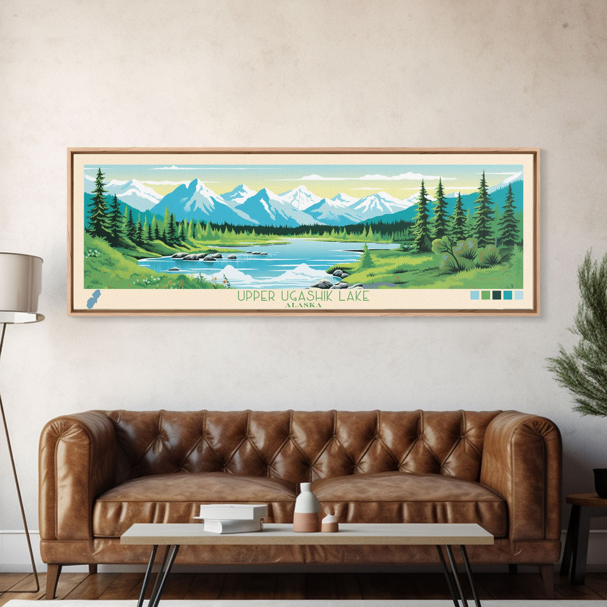Upper Ugashik Lake, Alaska Framed Canvas Print, Panoramic Lake House Art, Midcentury Modern Decor, Pop Art, Travel Poster, Living Room Wall Art