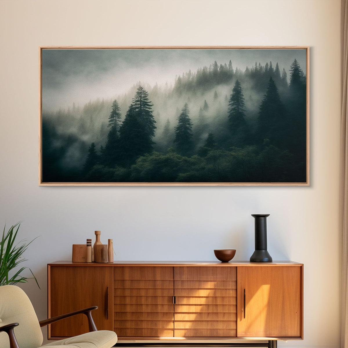 Morning fog over a mountain forest, framed canvas print, foggy pine tree landscape, framed wall art, misty mountain landscape art