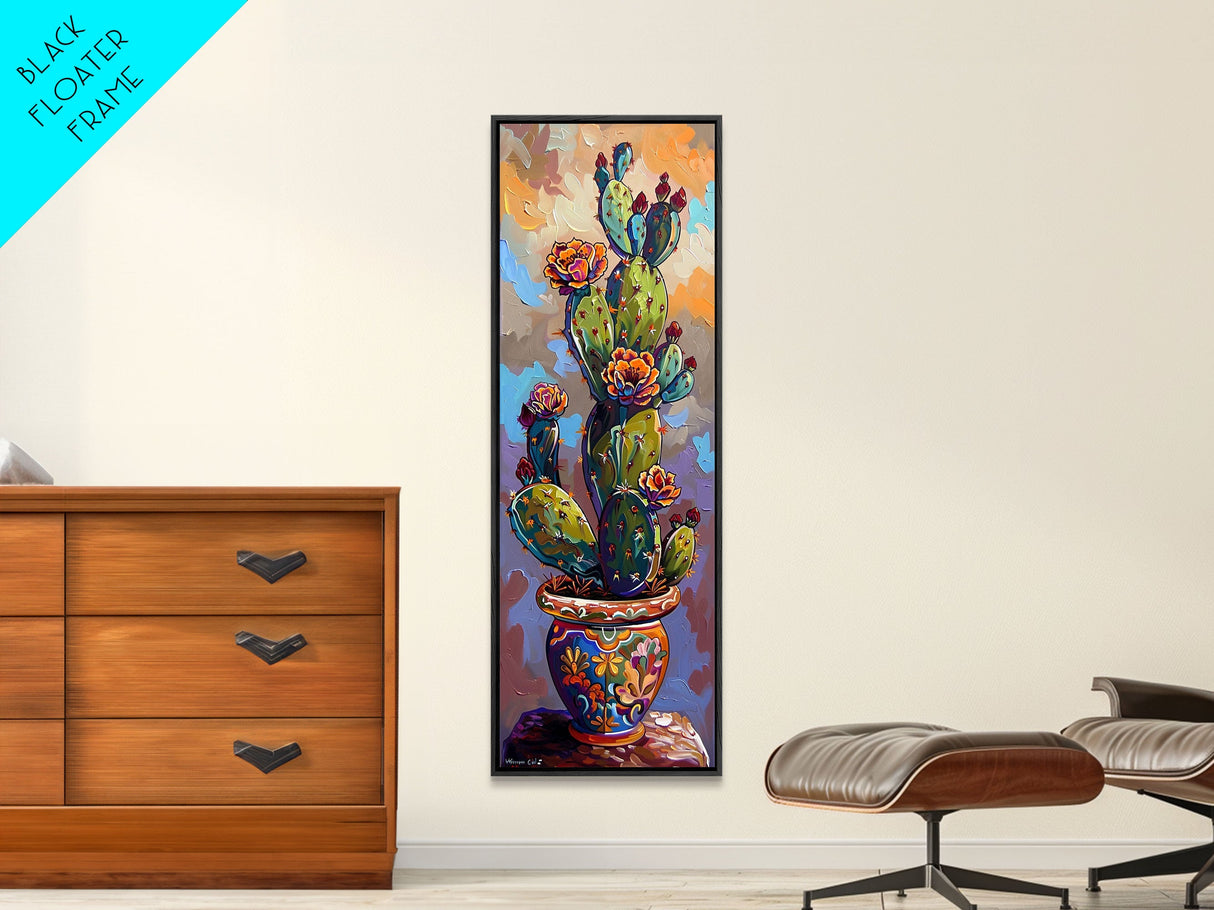 Cactus Canvas Printed and Framed Art, Colorful Botanical Wall Art, Desert Art Print, Vertical Narrow Wall Art, Art Print for Kitchen