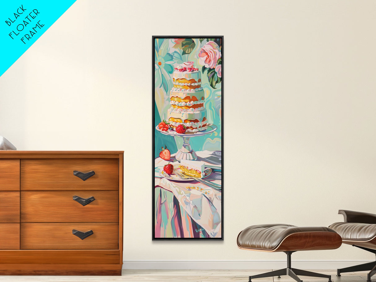 Cake Wall Art Framed and Printed on Canvas, Wall Art for Kitchen or Bakery, Food Art Print, Tall and Narrow Colorful Art for Kitchen