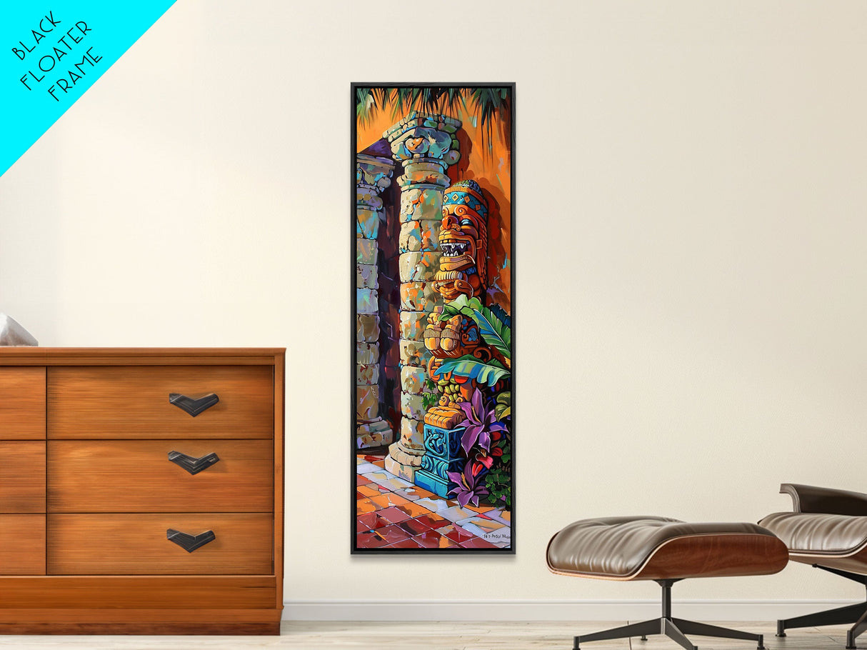 Colorful Tiki Wall Art Print Framed on Canvas, Long Narrow Wall Art for Beach House, Beach Themed Decor, Textured Canvas Painting Printed