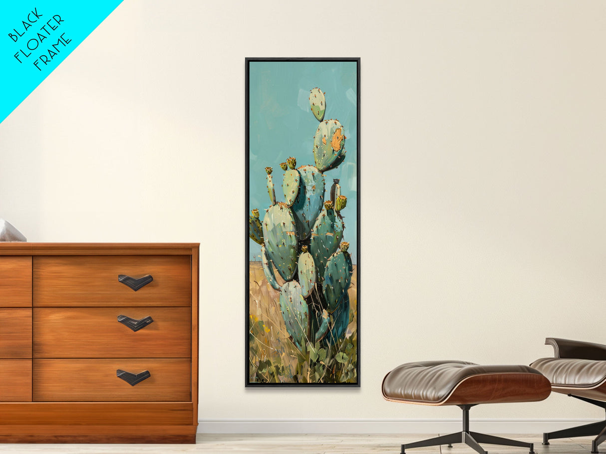 Botanical Desert Art Print of Cactus Framed on Canvas, Framed Western Art, Colorful Landscape Painting, Vertical Art for Living Room