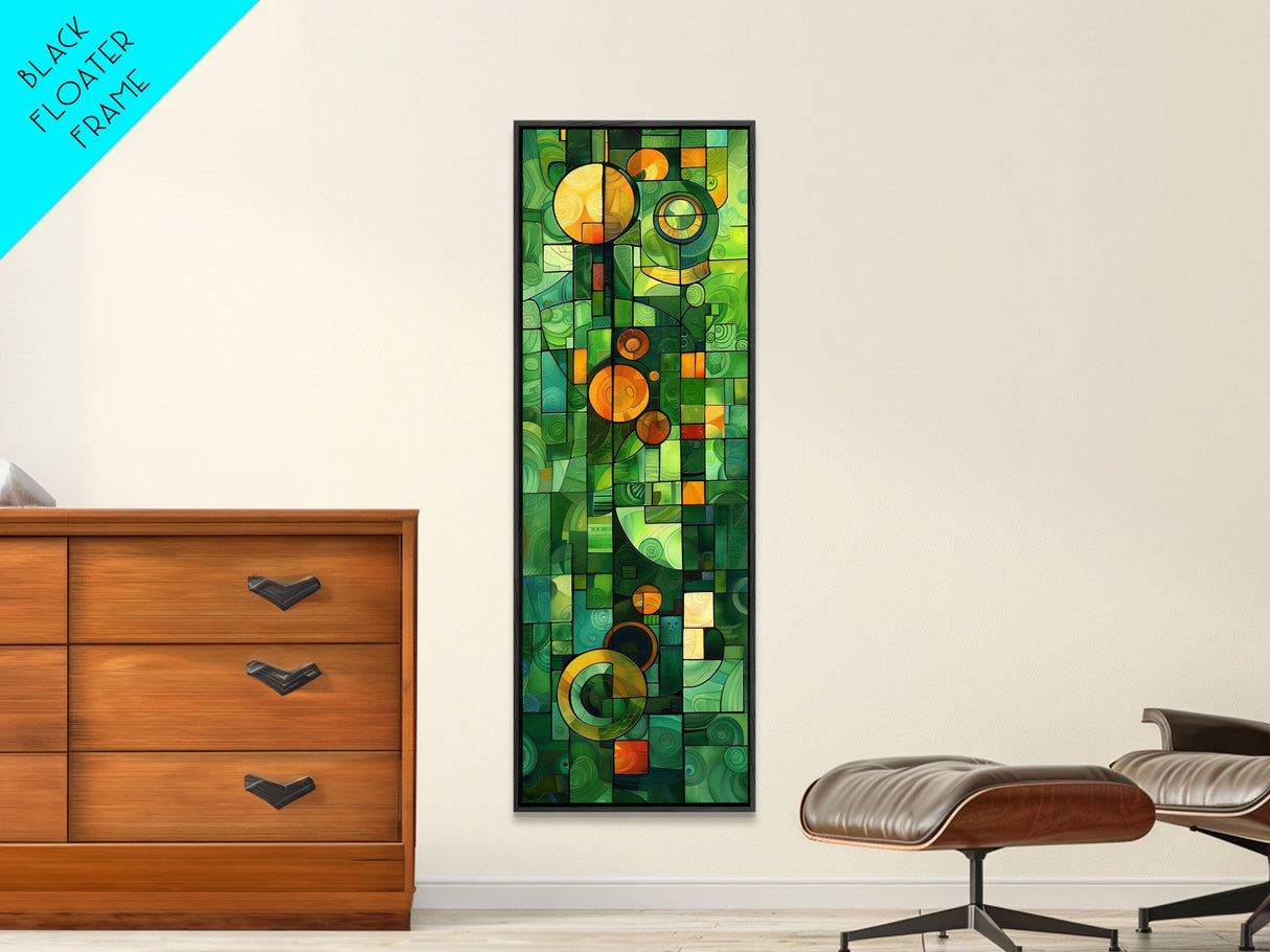 Geometric Abstract Art in Green and Yellow Tones - Framed Canvas Print, Midcentury Modern Art, Skinny Art, Tall Art, Living Room Wall Decor, Boho Art