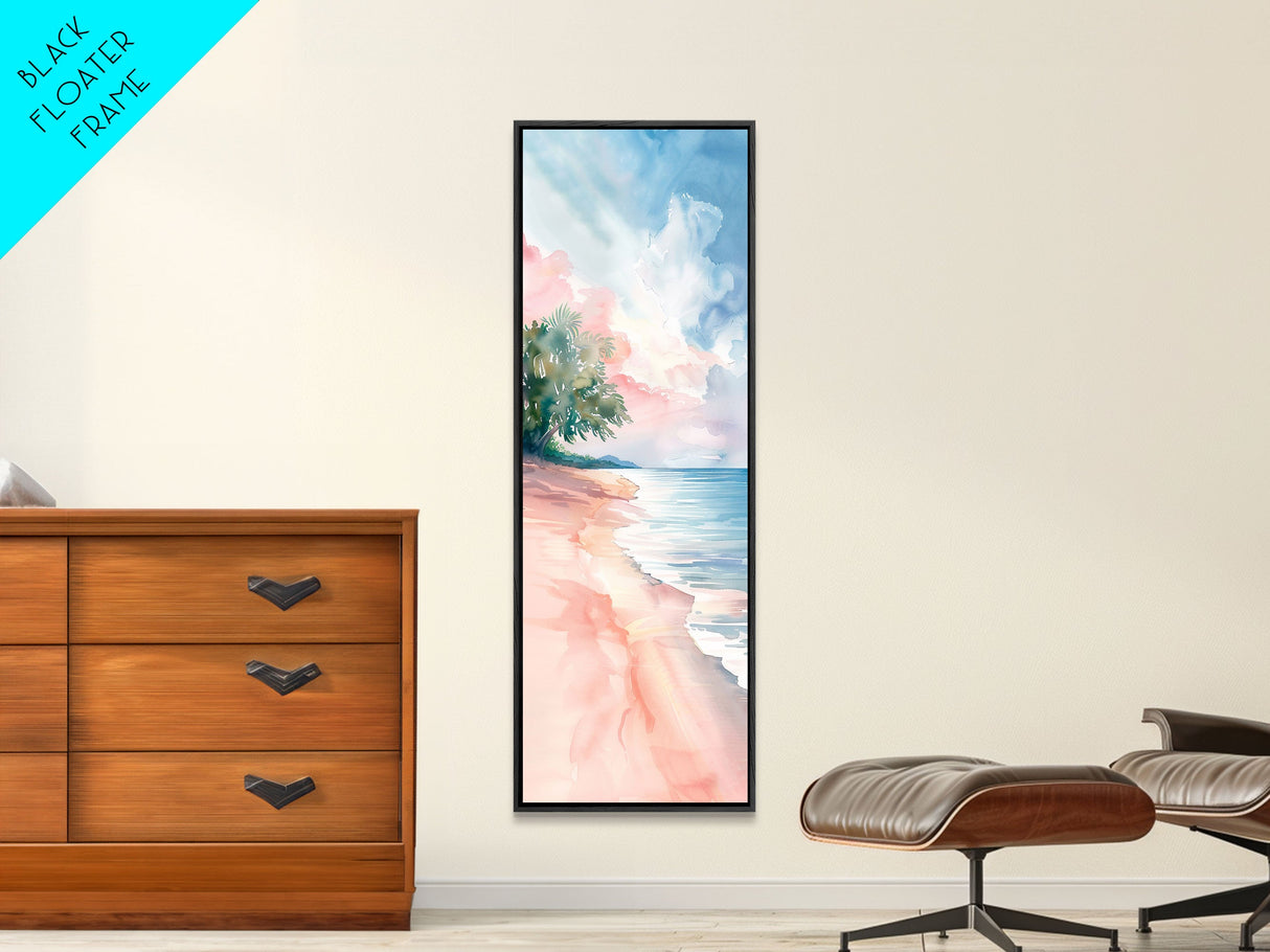 Tropical Beach Watercolor Art - Framed Canvas Print, Skinny Tall Art, Coastal Landscape Wall Art, Living Room Decor, Bedroom Art, Tropical Print