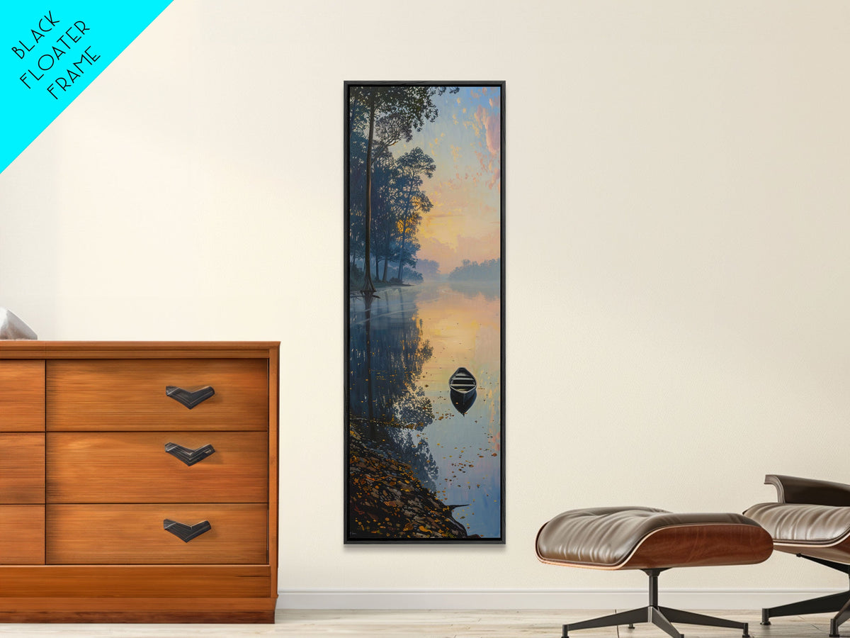 Calm River Reflection with a Lone Boat, Skinny and Tall Art, Serene Landscape Framed Canvas Print, Tranquil Wall Art