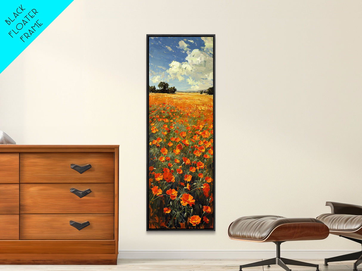 Expansive Poppy Field Under a Bright Blue Sky on a Framed Canvas Print Skinny Art Piece