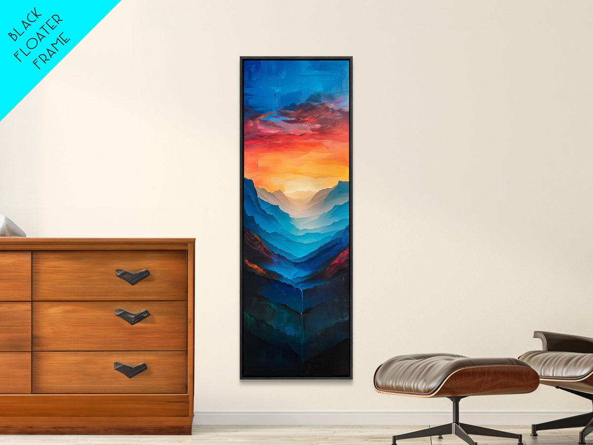 Sunset Over The Mountain Valley Framed Canvas Print - Colorful Wall Art - Midcentury Modern Style Art - Modern Decor - Abstract Landscape Painting - Tall Art