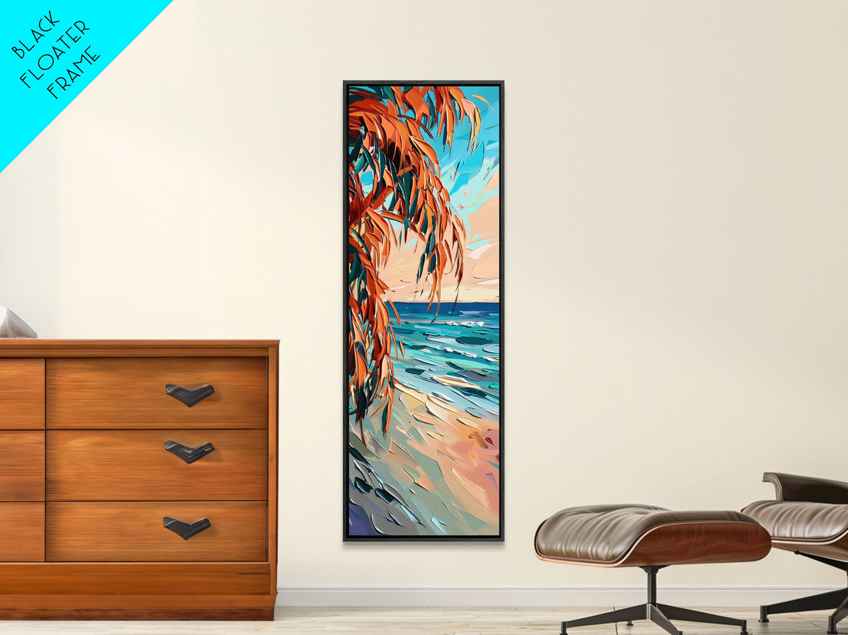 Expressive Coastal Shoreline Landscape in Blue and Orange, Abstract Painting on Framed Canvas Print, Perfect for Beach-Themed Wall Art