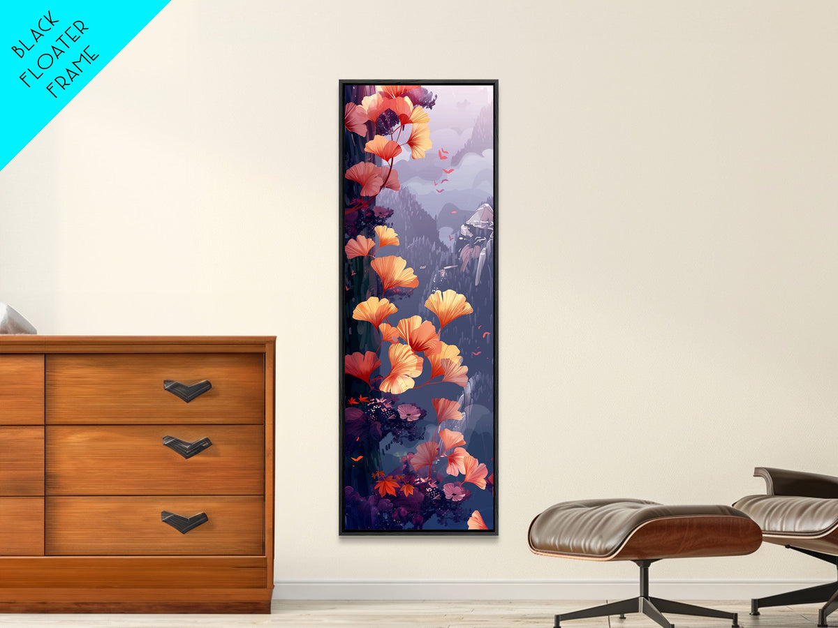 Ethereal Autumn Ginkgo Leaves Skinny Art Tall Art Japanese Ukiyo-e Inspired Botanical Framed Canvas Print