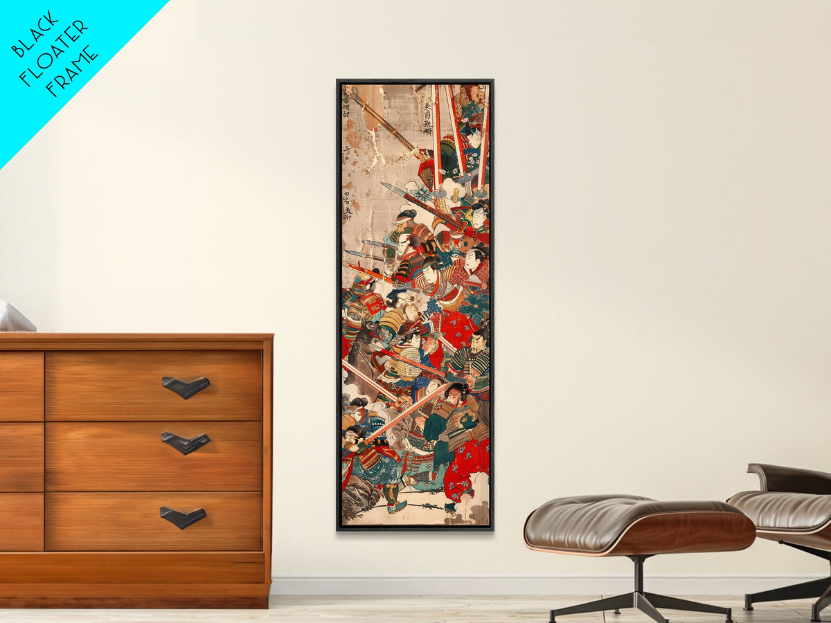 Samurai Warriors in Battle – Traditional Japanese Skinny Art with Historic Details – Framed Canvas Print