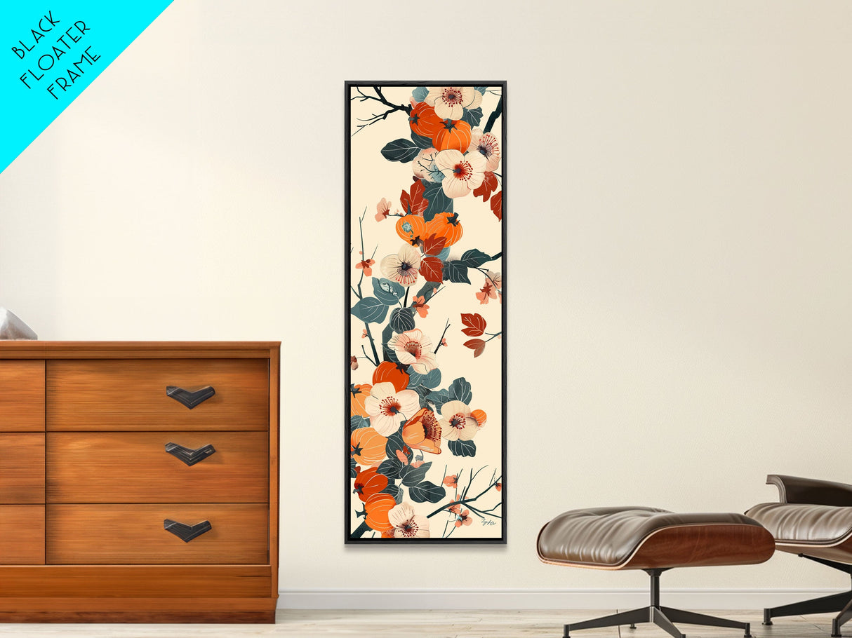 Skinny Art of Persimmon Branch with Delicate White Flowers – Japanese-Inspired Framed Canvas Print