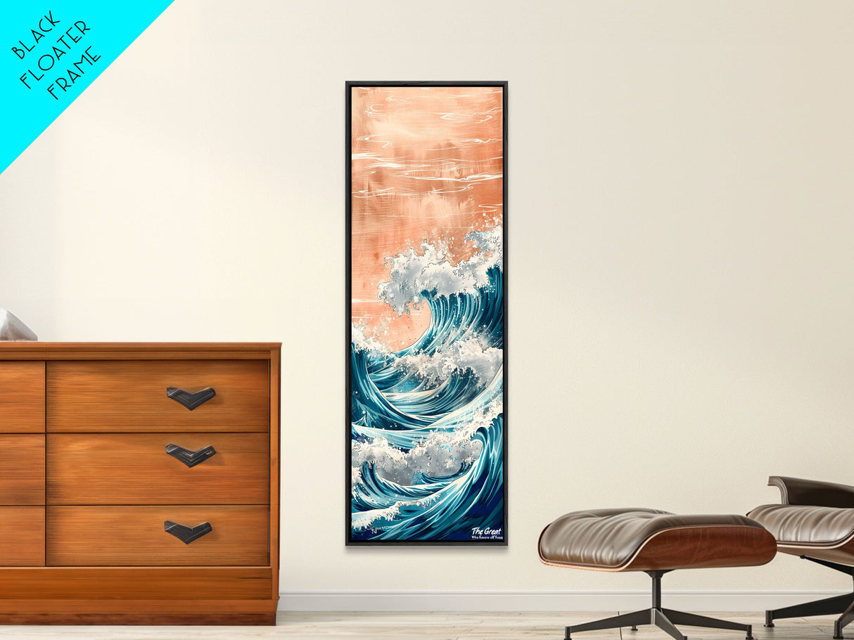 Majestic Wave, Peach Sky, Japanese Art, Skinny Art, Tall Art, Framed Canvas Print, Ukiyo-e Style