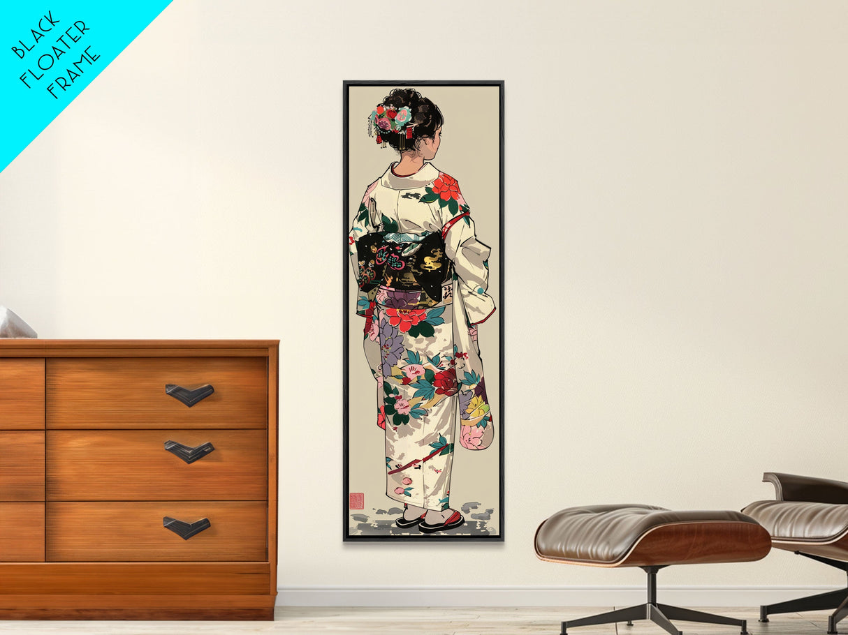 Skinny Art Traditional Kimono In Japanese Style Wood Block Print Intricate Floral Pattern On Framed Canvas Print, Tall Art Ukiyo-e