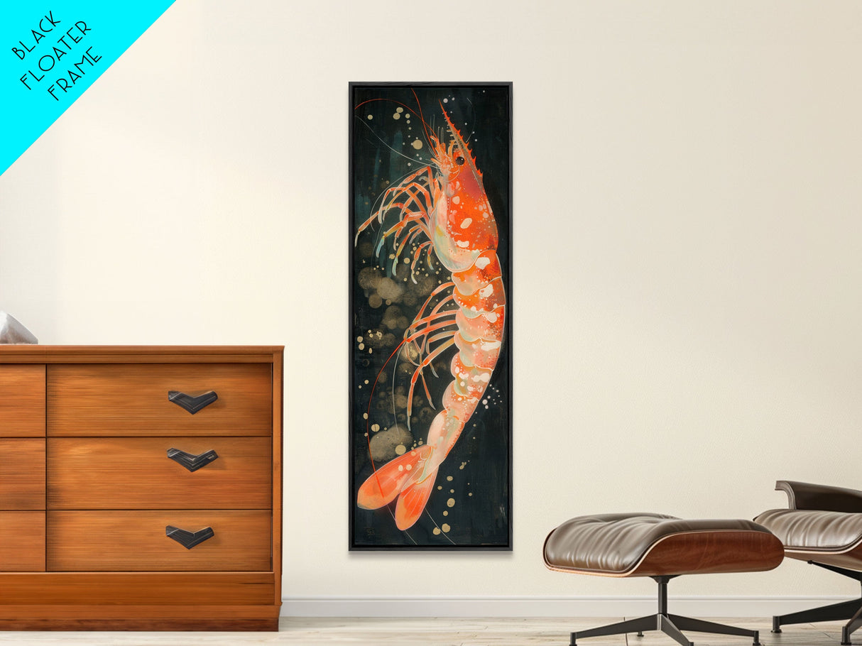 Shrimp Illustration Underwater Theme Deep Sea Skinny Art Tall Art Framed Canvas Print Japanese Style Art Ukiyo-e Art Wood Block Print Marine Life