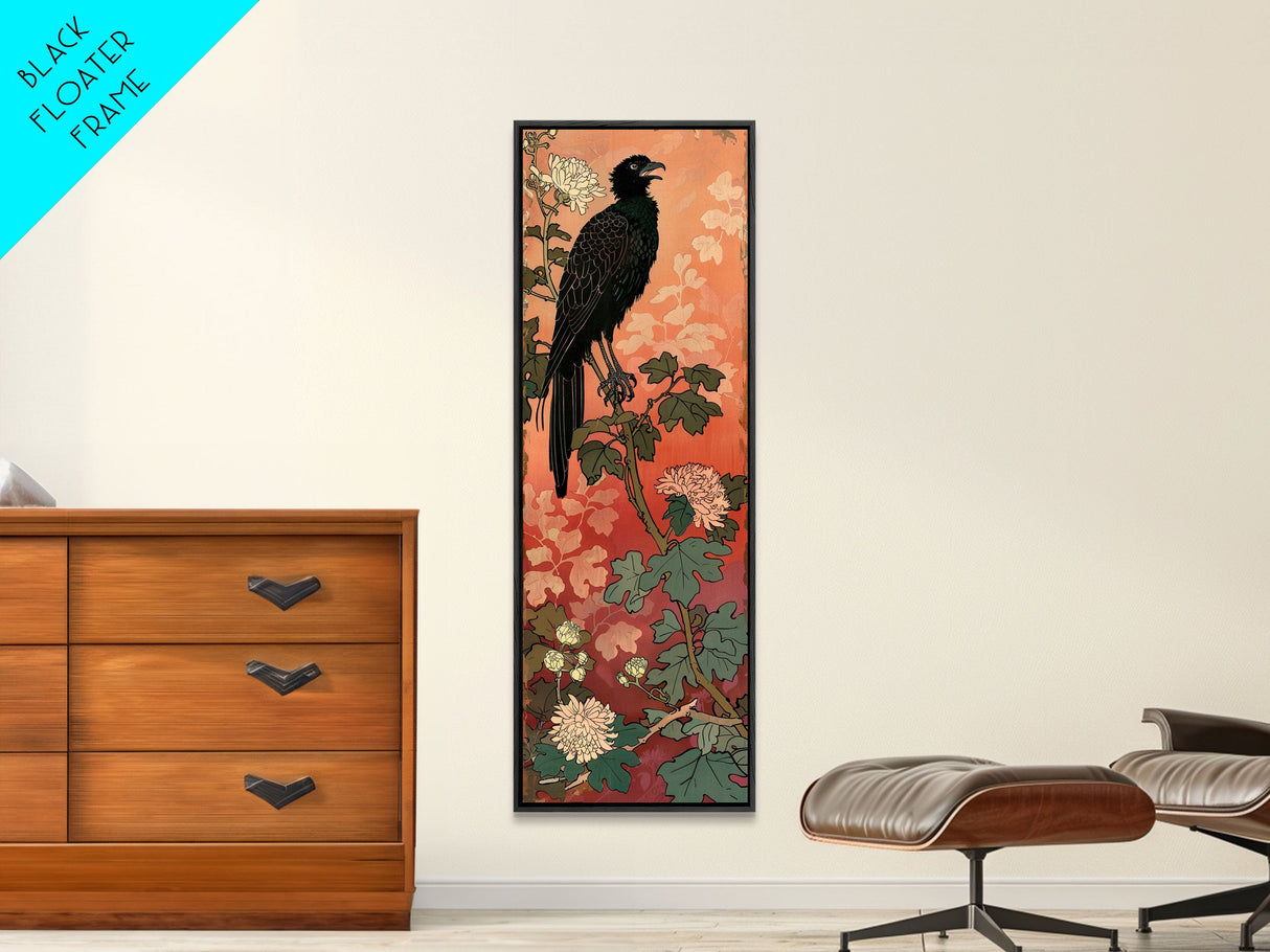 Black Bird On Flowering Branch With Orange Background Tall Art Skinny Art Framed Canvas Print Japanese Style Art Ukiyo-e Wood Block Print