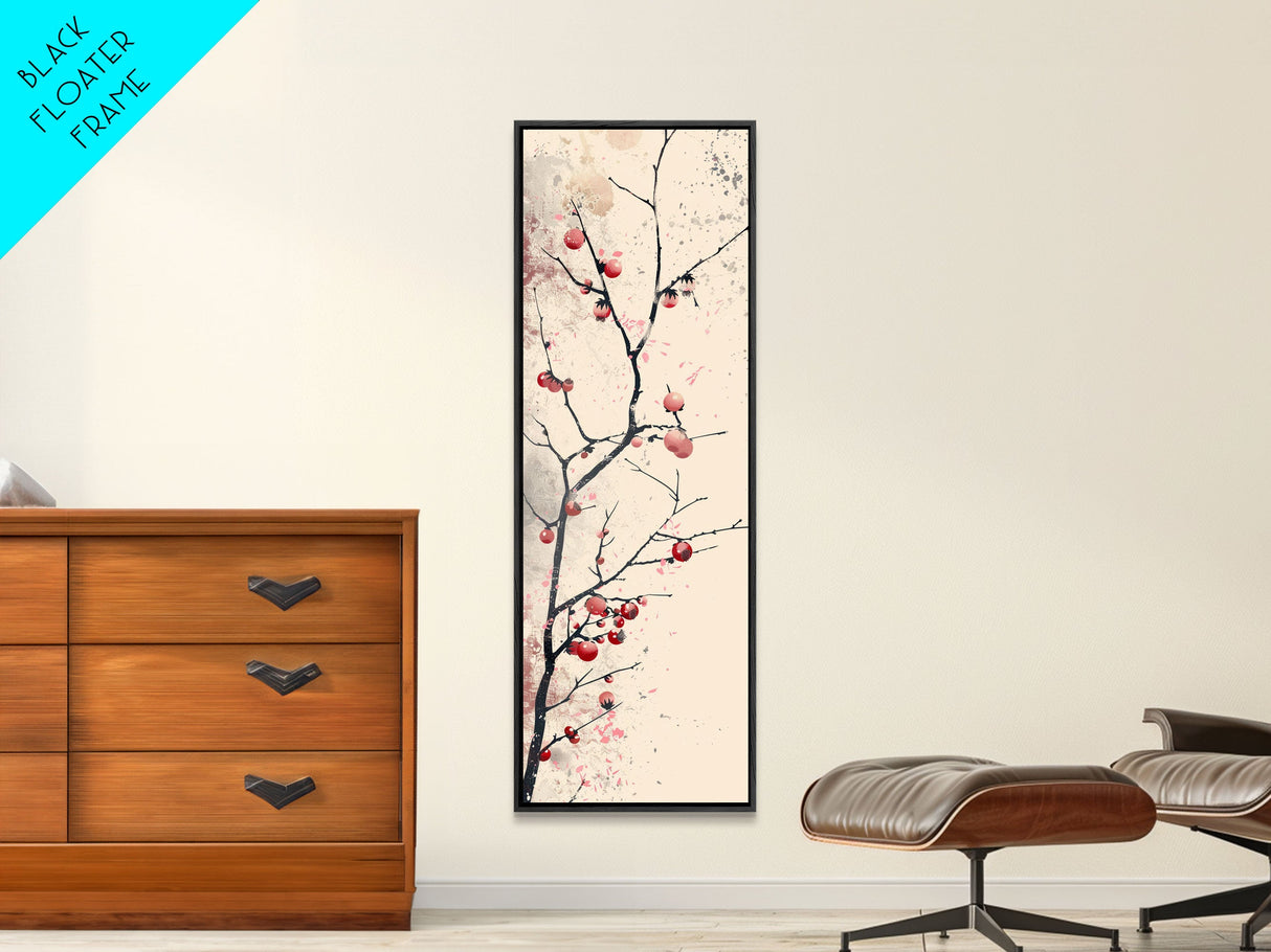 Minimalist Japanese Tree Branch With Red Berries, Ukiyo-e Woodblock Style Canvas, Framed Canvas Print, Japanese Tall Skinny Wall Art, Ready To Hang