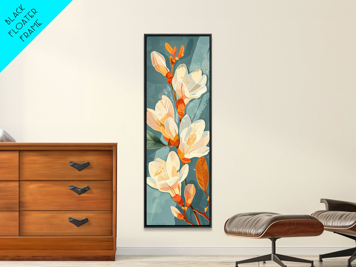 Light Cream Magnolia Blooms On Abstract Background Skinny Art Tall Art Framed Canvas Print Japanese Style Art Ukiyo-e Art Wood Block Print Delicate Decorative