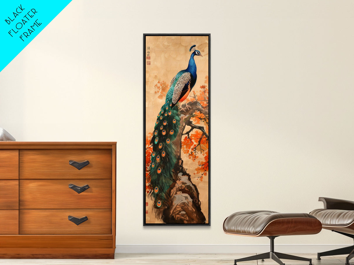 Majestic Peacock Perched On A Branch With Autumn Leaves, Skinny Art Tall Wall Art Framed Canvas Print Japanese Style Art
